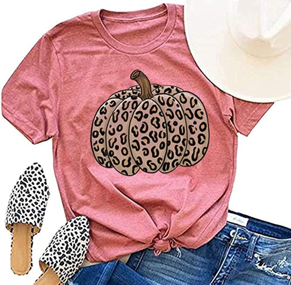 Woffccrd Womens Funny Leopard Pumpkin Printed Shirts Halloween Short Sleeve Graphic Tees Fall T-Shirts Tops: Clothing