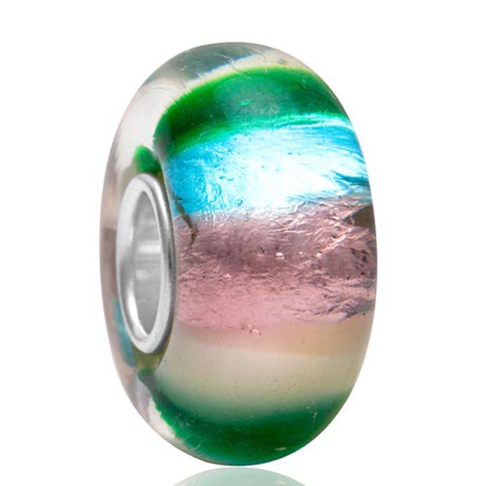 Murano Lampwork Glass Charm 925 Sterling Silver Flower Charm Leaf Charm Anniversary Charm for Pandora Charm Bracelet (C)