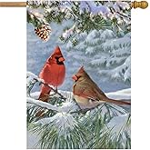 Winter Cardinal Bird House Flag for Outside 28x40 Double Sided Large Burlap Christmas Holiday Yard Flags Welcome New Year Garden Flags Farmhouse Outdoor Decor