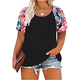 CARCOS Plus Size Tops for Women Short Sleeve Raglan Striped Tee Color Block Crewneck/V Neck Tunic Loose Fit Summer XL-5XL