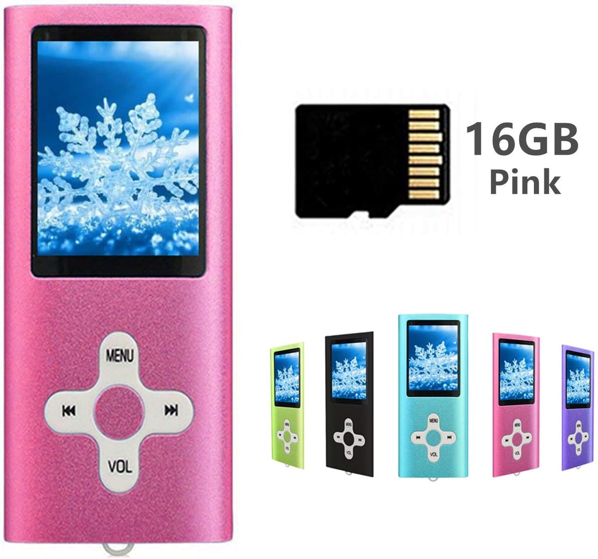 MP3 Player MP4 Player with a 16GB Micro SD Card, Runying Portable Music Player Support up to 64GB, Mini USB Port 1.8 LCD, with Photo Viewer, E-Book Reader, Voice Recorder & FM Radio Video (Pink)