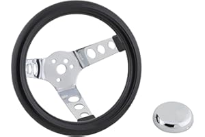 Speedway Motors Classic 9-3/4 Inch Black Steering Wheel with Holes - Universal Fit - Smooth Black Cushion - Chrome Spokes - 3 Bolt Pattern Mount - Chrome Cap Included