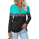 TICTICMISS Women's Long Sleeve Shirts Zipper Color Block V Neck Tunic Tops Casual Blouse