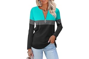 TICTICMISS Women's Long Sleeve Shirts Zipper Color Block V Neck Tunic Tops Casual Blouse