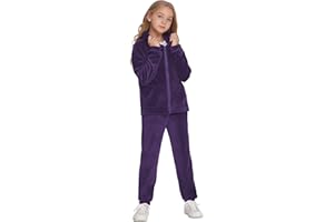 Hopeac Girls Casual Basic Velour Zip Up Hoodie Sweatsuit Tracksuit Set Jogger Clothes Outfits