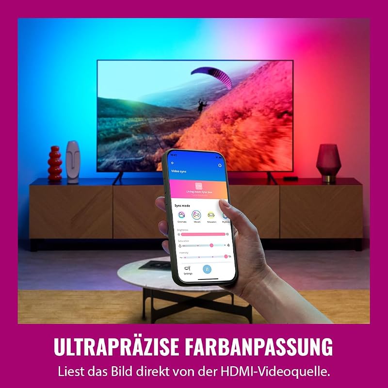 HDMI Sync Box mit TV-Beleuchtung - Synchronisiert Licht zu Ihren Filmen, Spielen und Musik -HDMI 2.0 - RGBIC LED Strip für 75"-85" Zoll TVs - App/Sprachsteuerung, funktioniert mit Google und Alexa