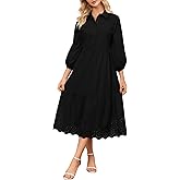 Ladyful Elegant Cotton Shirt Dress for Women Button Down 3/4 Sleeve Hollowed Out Eyelet Flowy Midi Maxi Dress