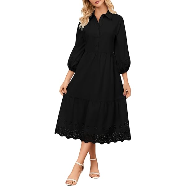 utcoco Women's Embroidered Eyelet Shirt Dresses Belted Puff Sleeve Button  Down Swing Boho Cotton Maxi Shirt Dress (X-Small, Blue) at Amazon Women's  Clothing store