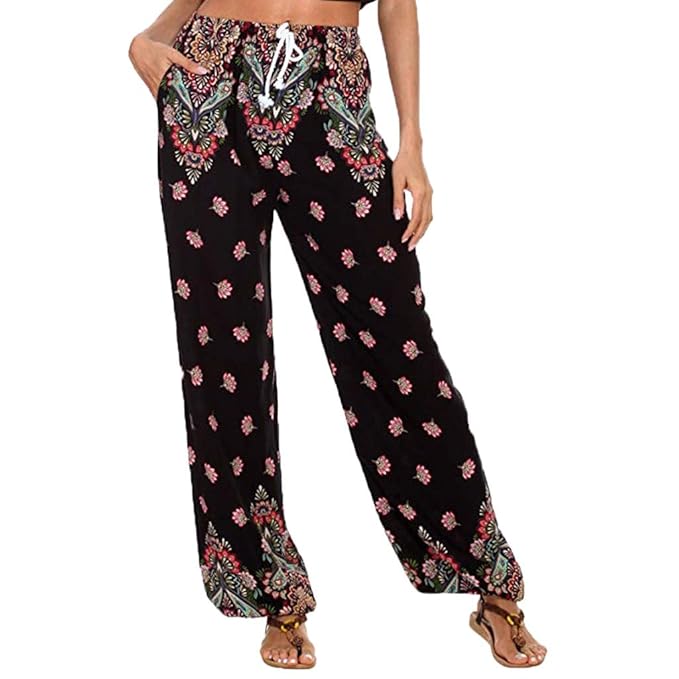 Dasongff Damen Blumenmuster Locker Weite Beine Lange Hose mit Seitentaschen Bunt Blumen Drucken Boho Hippie Hose Haremshose H
