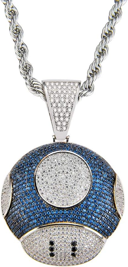 Moca Jewelry Fashion Cute Mushroom Face CZ Bling Big Pendant Iced Out Hip Hop Link Chain Necklace for Men Women, Available with Stainless Rope Chain and Tennis Chain