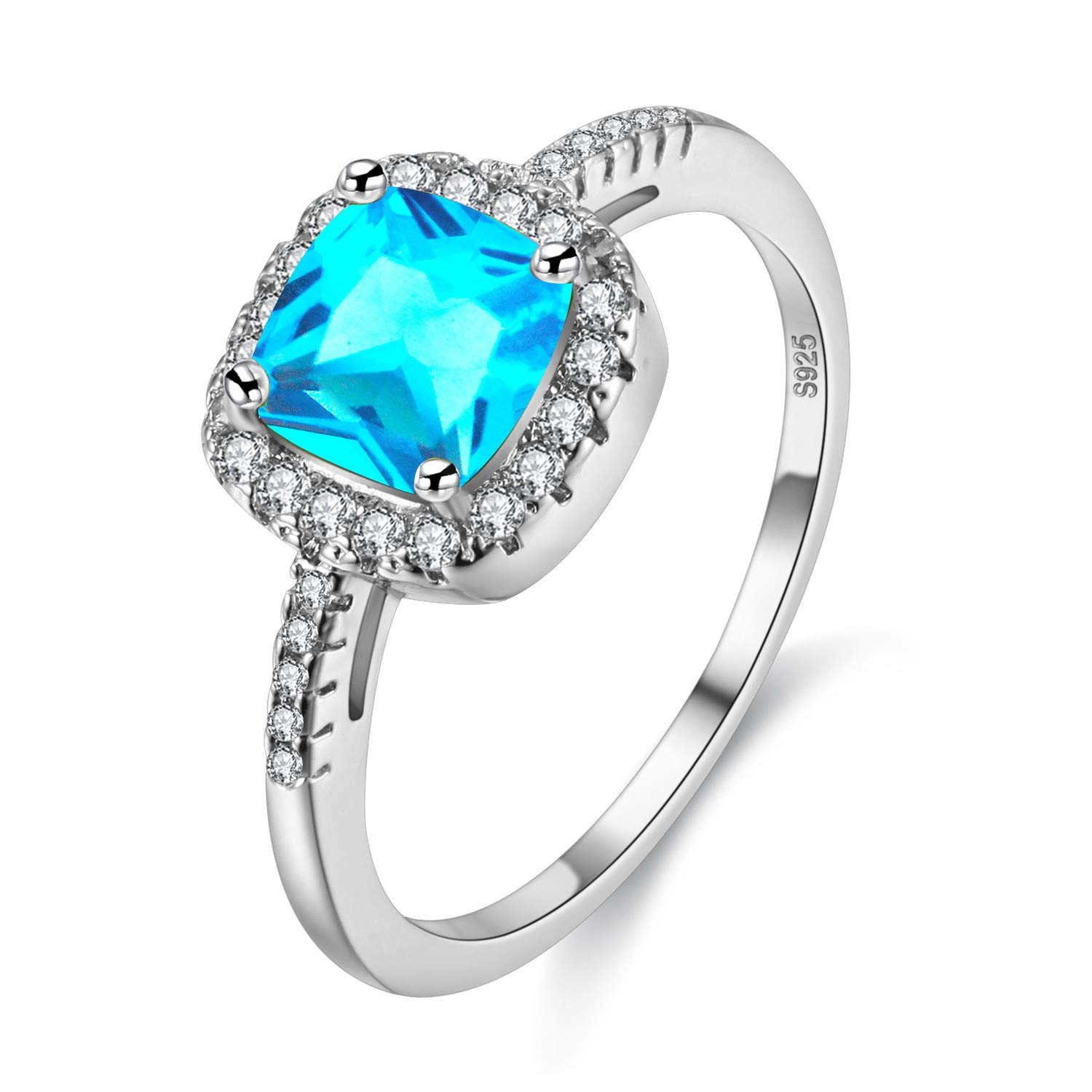 Uloveido White Gold Plated Cushion Cut Cubic Zirconia Halo Solitaire Engagement Rings for Women, Charm Wedding Rings (Blue, Size O) Y3100