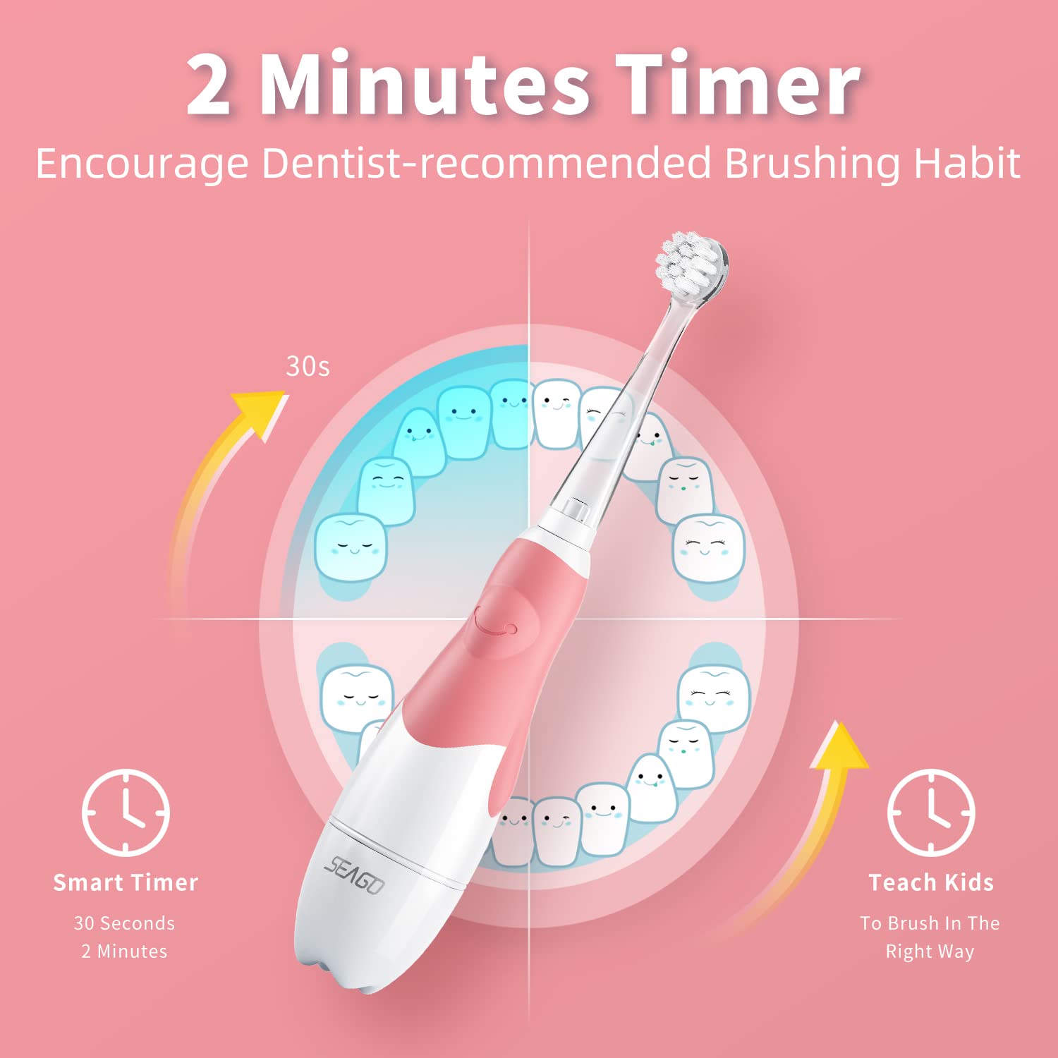 SEAGO Toddler Electric Toothbrushes for Baby Ages 0-3 Years, Baby Toothbrush with Smart Timer, 4 Replacement Brush Heads SG-513(Pink)