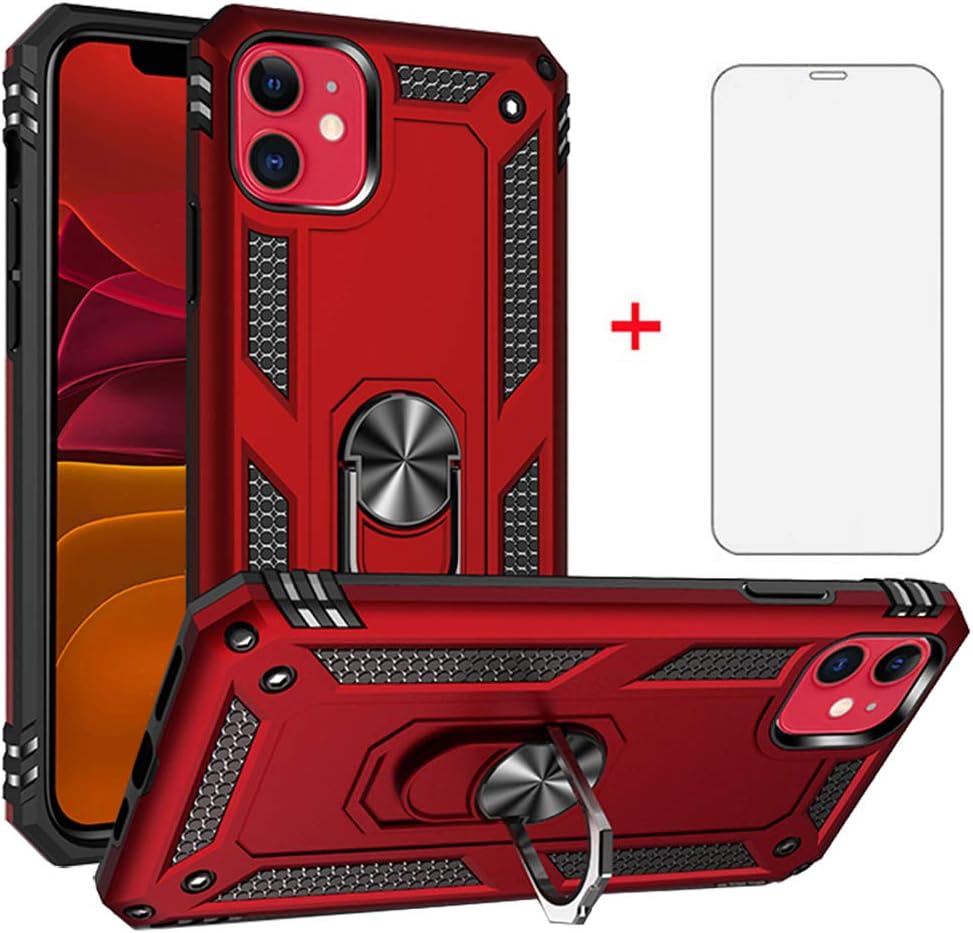 Asuwish Phone Case for iPhone 11 2019 6.1 inch with Tempered Glass Screen Protector Cover and Magnetic Stand Ring Holder Hard Shockproof Heavy Duty Accessories 1phone i phone11case XI 11R Cases Red