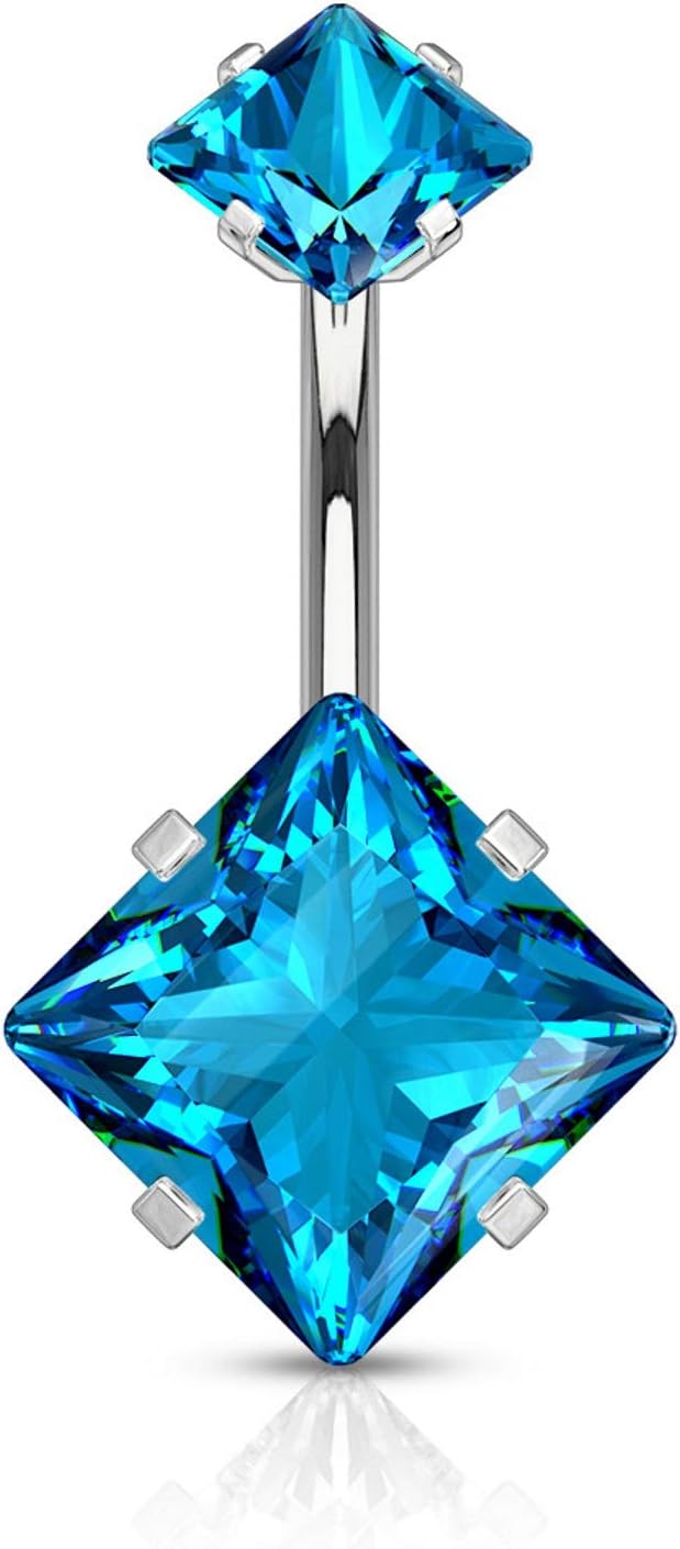 Double Jeweled Square CZ Steel Belly Button Navel Ring (Internally Threaded)