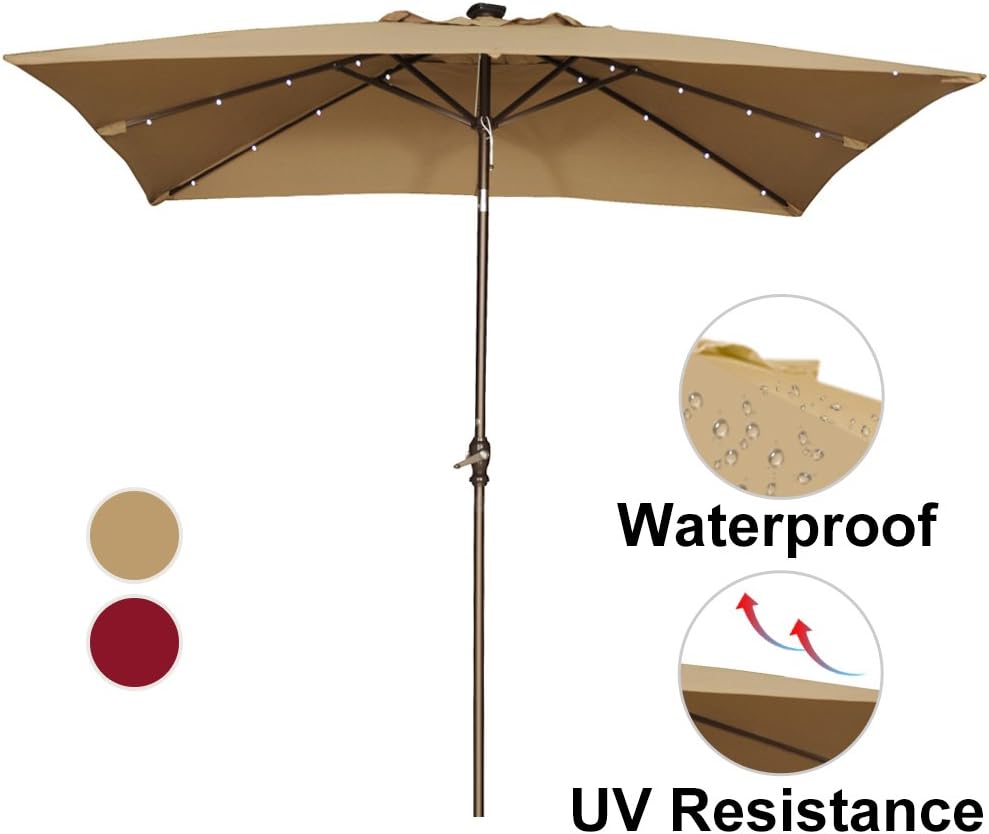 Amazon Com Abba Patio 9 By 7 Feet Rectangular Patio Umbrella With Solar Powered 32 Led Lights With Tilt And Crank Brown Garden Outdoor