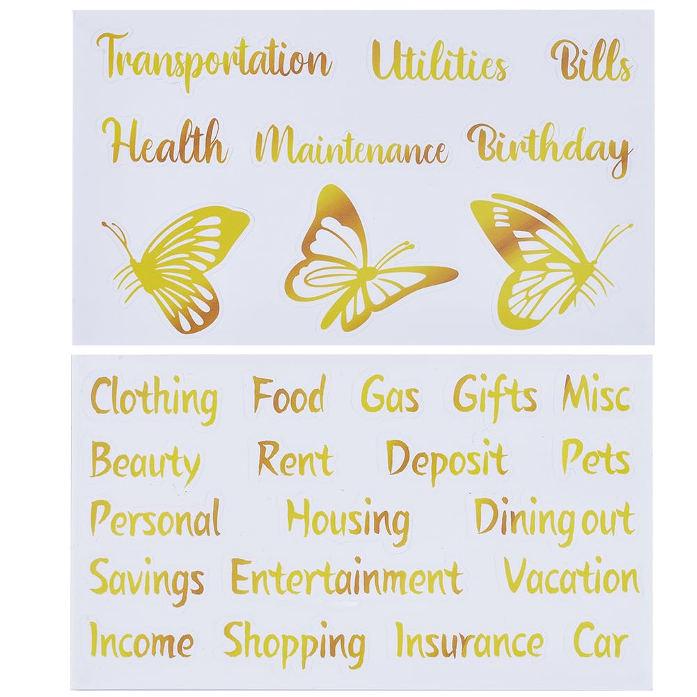 GORGECRAFT 8 Sheets Budget List Binder Labels Vinyl Decals Cash Envelope Budget Category Gold Stickers Butterfly Pattern Binder Label for Finance Planner Wallet Money Bill Coupon Organizer