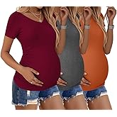 Ekouaer Womens Maternity Shirts 3 Packs V Neck Tops Tunic Pregnancy Clothes Side Ruched Short Sleeve Casual T Shirt S-XXL