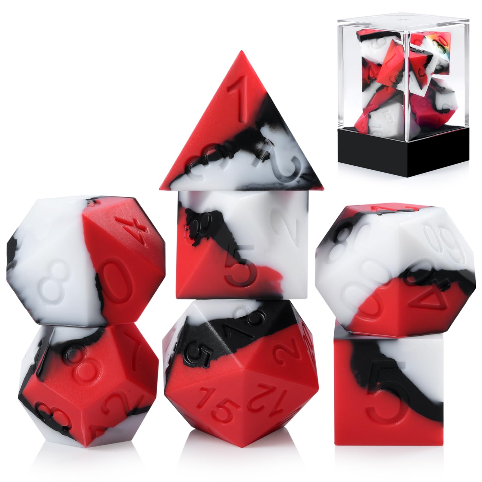 Silicone D&D Dice, DNDND 7PCS Silicone Rubber D&D Dice Set with Clear Plastic Display Case for Dungeons and Dragons Role Playing Games and Tabletop Games（Red Black White — image 1