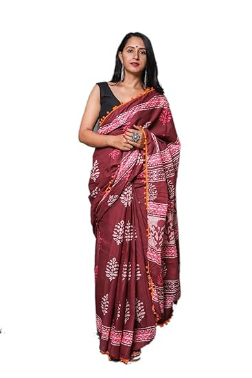 Woman Hand Block Cotton Mulmul Saree with Blouse (Jaipuri Print)