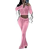 qfmqkpi Two Piece Outfits for Women Crop Top Zip Jacket and Flare Pants Set Velour Tracksuit