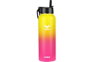 Vmini Water Bottle with Straw, Wide Rotating Handle Straw Lid, Wide Mouth Vacuum Insulated Stainless Steel Water Bottle, Grad
