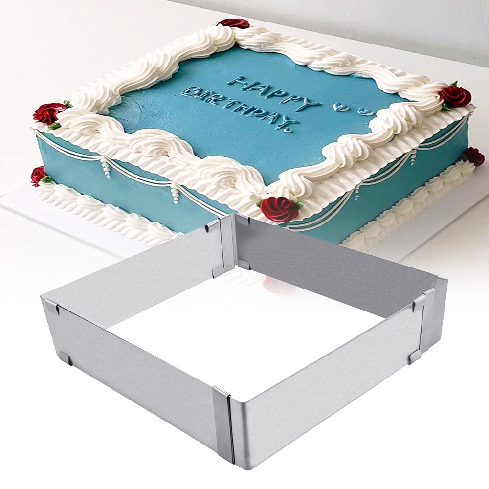 BUENTYA Adjustable Cake Mould Rectangular Baking Cake Tin Stainless Steel Mousse Cake Mold Square Cake Ring Cutter Baking Frame Kit for Making Various Square Cakes, Max 28cm*28cm*5cm,Silver