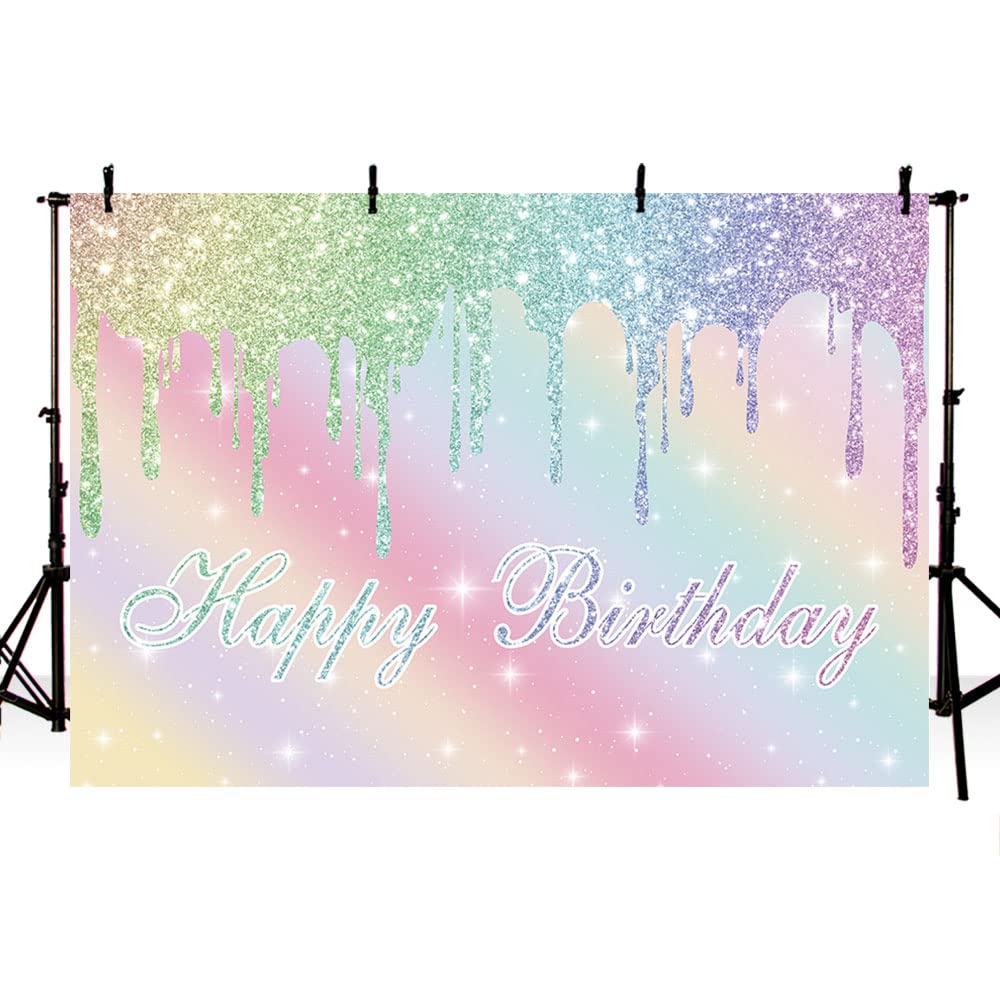 MEHOFOND 7x5ft Glitter Rainbow Happy Birthday Background Banner for Girl Birthday Party Cake Smash Table Decoration Shiny Stars Princess Photography Backdrops Photo Studio Booth Shoot Props