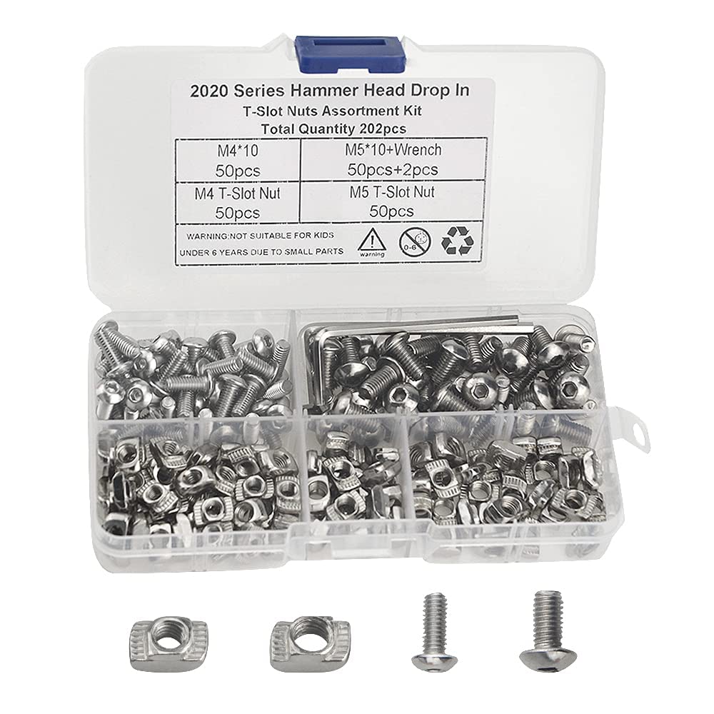 BGTXINGI 200Pcs M4 M5 T Nuts Hammer Head Fastener Nut Drop In T Slot Nut Assortment Kit Nickel Plated Carbon steel with screws and 2 Wrenches for Aluminum Profile