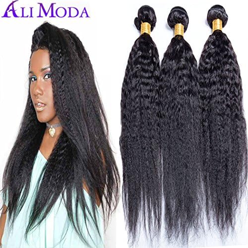 Ali Moda 8A Brazilian Yaki Kinky Straight 3 Bundles With 4x4 Free Part Lace Closure 100% Unprocessed Human Virgin Hair Extensions Natural Color (16 18 20 with 14)