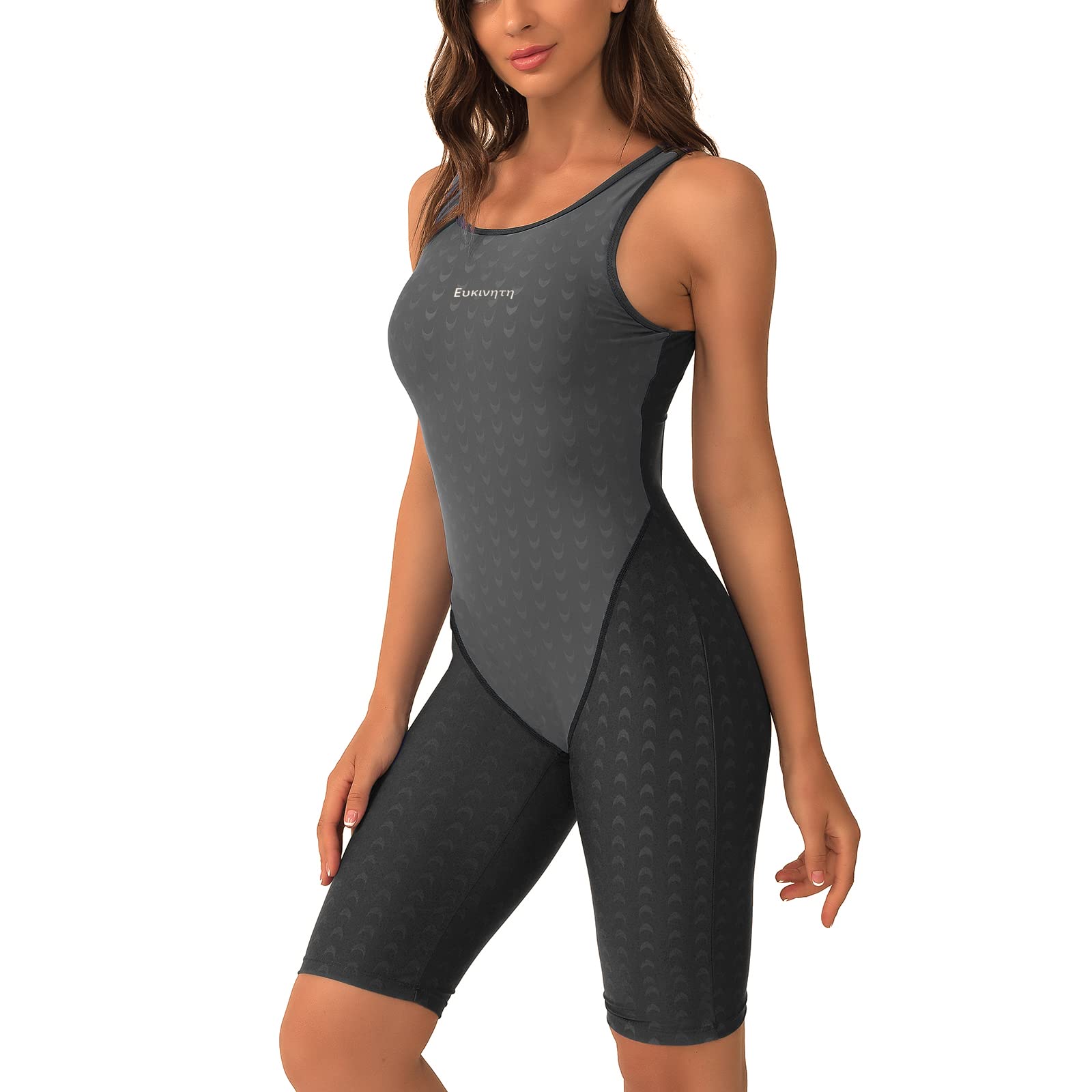 Photo 1 of Eukivntn Women’s Competitive One Piece Swimsuit Knee Boyleg Swimwear Racerback Athletic Bathing Suit for Teens (Gray, XL)