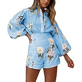 Molilove Womens 2 Piece Outfit Hawaiian Long Sleeve Button Down Shirt Shorts Tracksuit Lounge Set Shorts Set