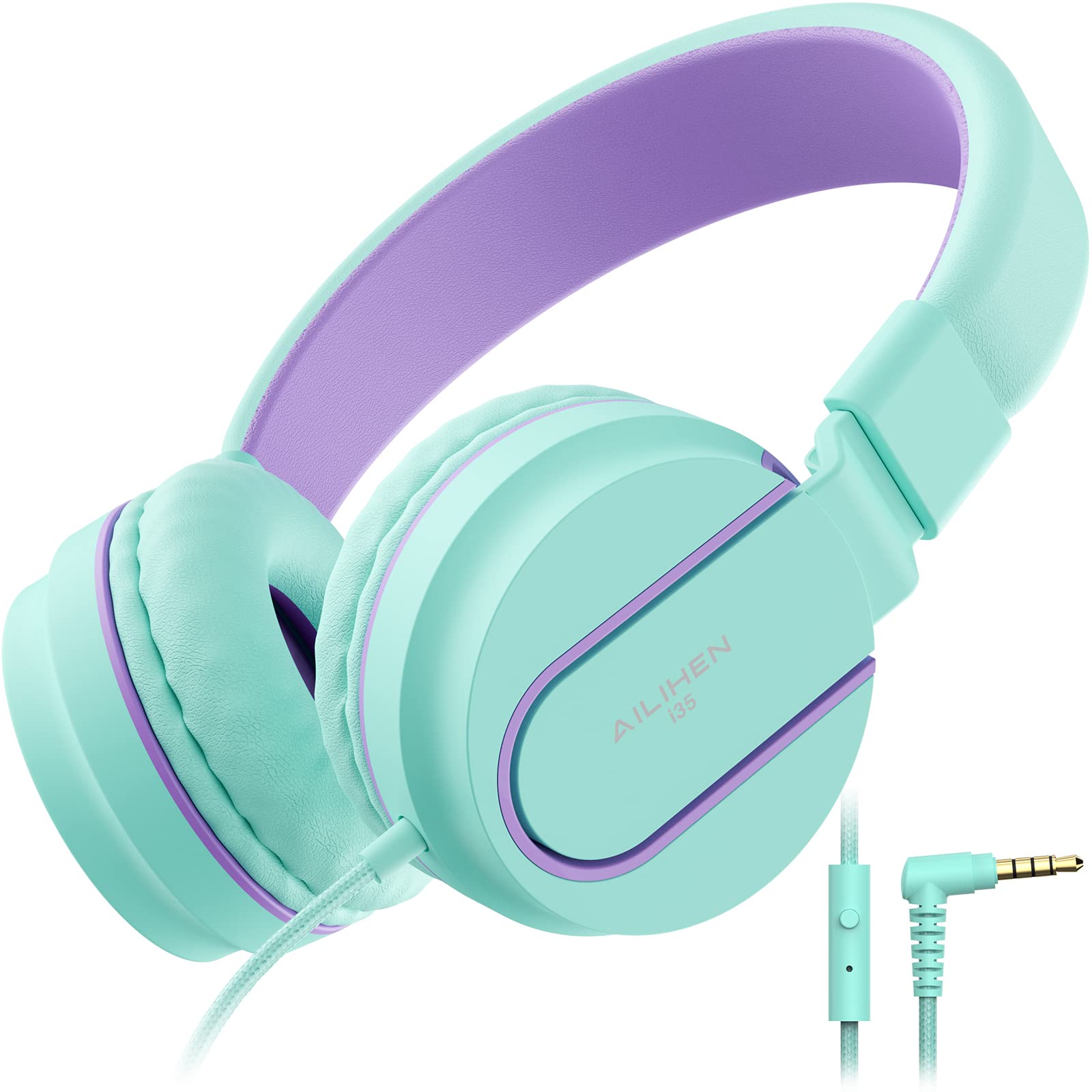 Photo 1 of Kids Headphones, AILIHEN I35 On-Ear Headphones for School, 93dB HD Mic Stereo Headphone for Kid Girls Children, Foldable Wired 3.5mm for Chromebook, Laptop, Computer, Tablet (Green Purple)