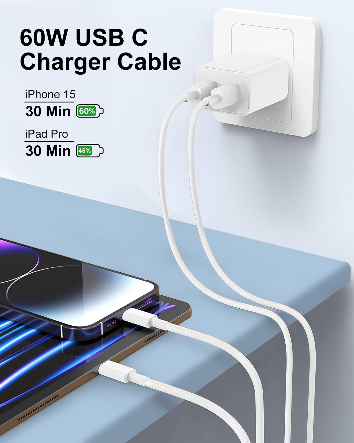 USB C Kabel 1M+2M 2Pack, 60W iPhone 17 16 15 Ladekabel USB C Schnellladekabel Ladekabel Typ C ladekabel Handy Aufladekabel für iPhone 17 Air 16E 16 15 17 Pro Max Plus, iPad Pro Air Mini, Samsung 2