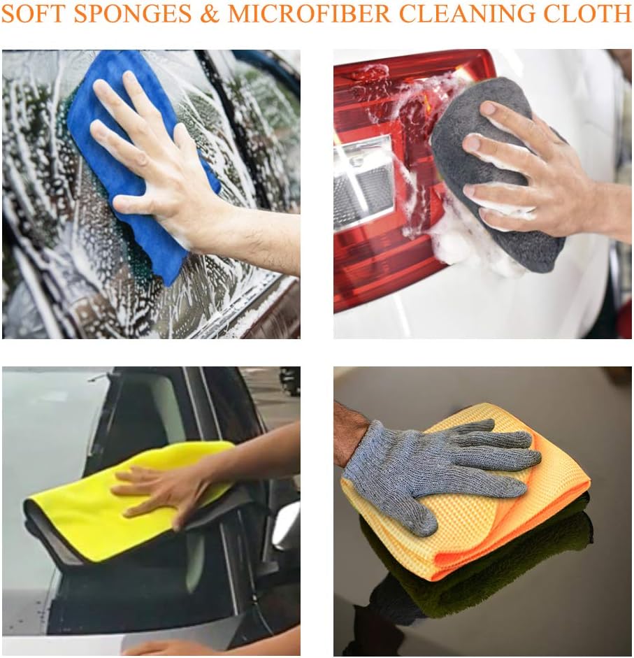 Hhobake 11Pcs Car Cleaning Tools Kit Car Wash Tools Kit for Detailing Interiors Premium Microfiber Cleaning Cloth Car Wash Sponges Tire Brush Window Water Blade and Snow Shovel: Automotive