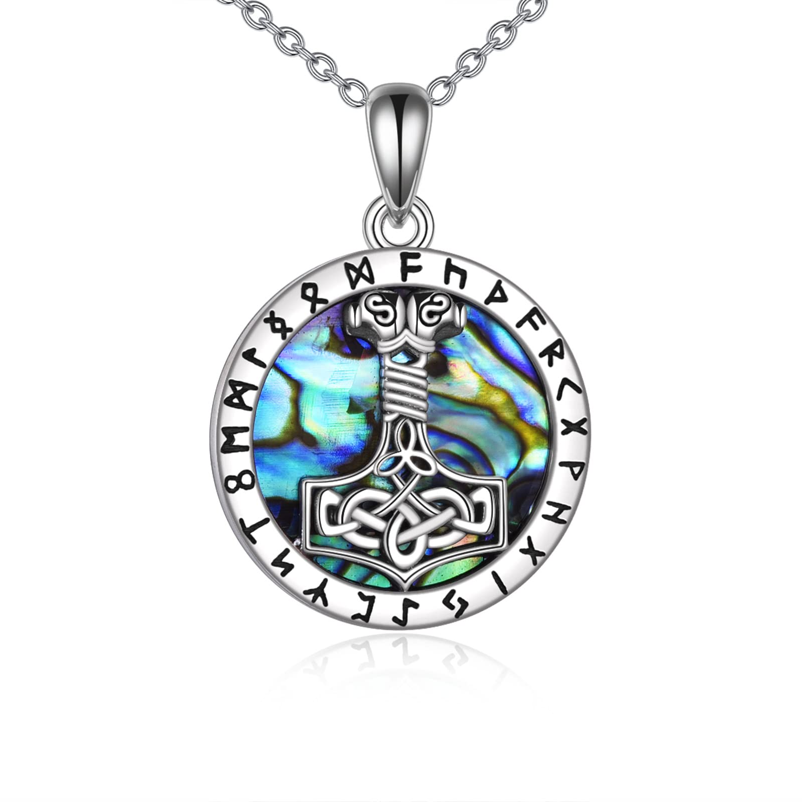 YAFEINI Mjolnir Necklace Sterling Silver Abalone Shell Viking Jewelry Nordic Thor's Hammer Amulet Pendant Celtic Pagan Norse Jewelry of Talisman for Women Men