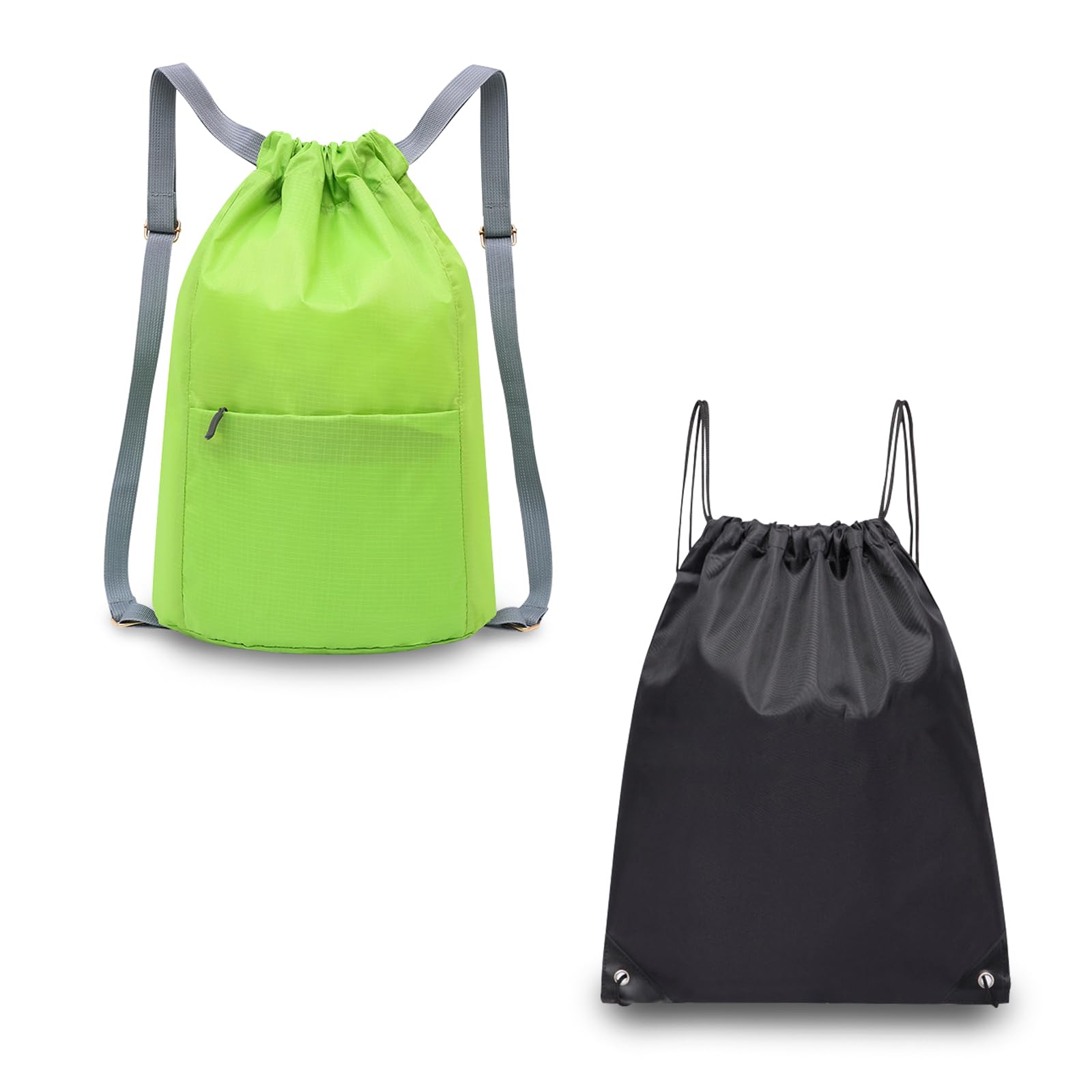FuninCrea 2 Pack Drawstring Bags Large Swimming Bag with Adjustable Strap for Travel Gym, PE Bags Drawstring Gym Bag Waterproof Drawstring Backpack for Daily Necessities (Style 2, Green+Black)