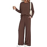 KIRUNDO Spring 2 Piece Lounge Sets for Women Long Sleeve Ribbed Knit Tops Wide Leg Pants Matching Travel Outfits Postpartum