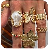 ZMJK Gold Chunky Rings for Women Vintage Flower Open Statement Knuckle Ring Unique Irregular Pearl Stacking Ring Set for Women Non Tarnish Boho Rings