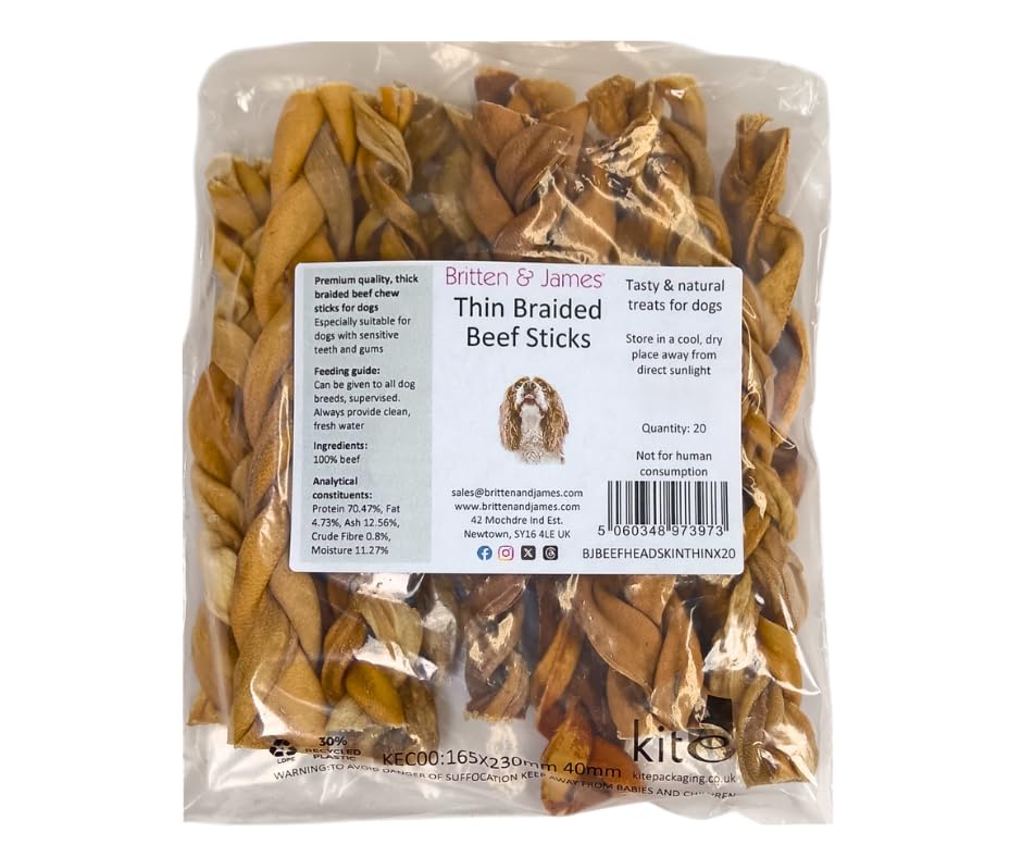 Britten and James 20 Thin Braided Beef Skin Sticks for Dogs (210g). Natural Long-Lasting Dog Chew Treats - Hypoallergenic, Gluten and Grain Free