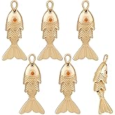 BENECREAT 6Pcs Gold Fish Pendant Real 24K Gold Plated 3D Fish Charm, 0.8x0.3x0.2 Ocean Pendants for DIY Bracelet Necklace Earrings Jewelry Making, Hole: 2x1.2mm