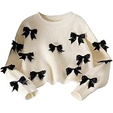 SHENHE Girl's Bow Sweater Crew Neck Long Sleeve Chunky Knit Cropped Sweater Pullover