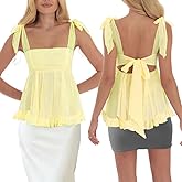 Mxiqqpltky Women Y2k Babydoll Tank Top Sexy Mesh Tie Shoulder Strap Square Neck Flowy Ruffle Camisole Fairy Ruched Peplum Top