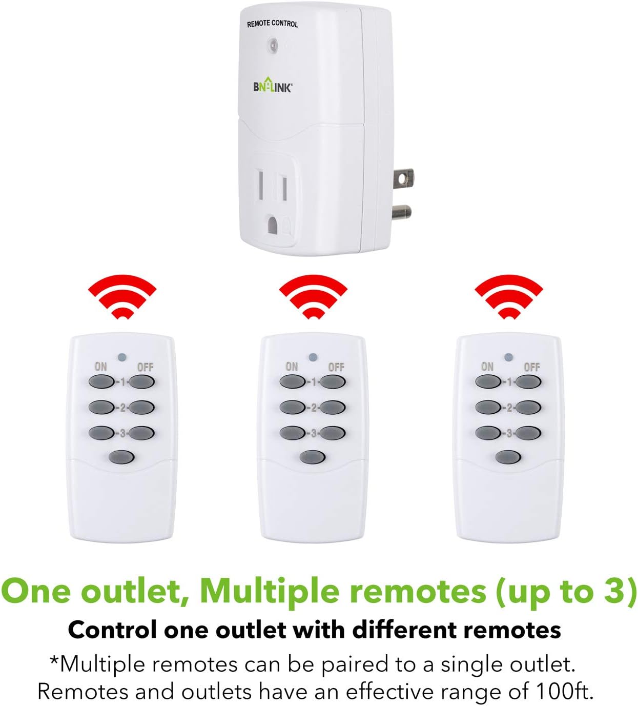 BN-LINK Mini Wireless Remote Control Outlet Switch Power Plug In for Household Appliances, Wireless Remote Light Switch, LED Light Bulbs, White (1 Remote + 3 Outlet) 1200W/10A - - 