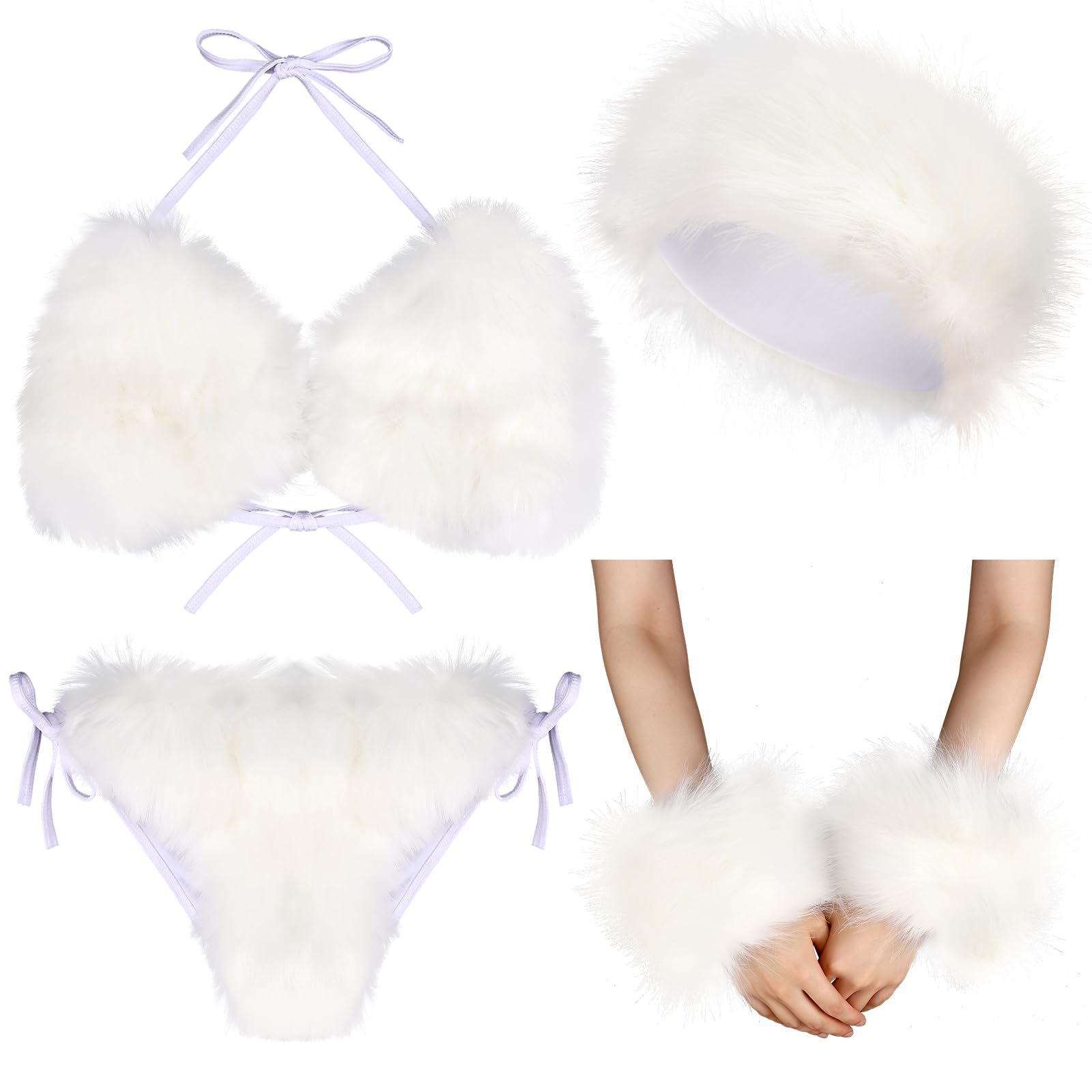 Photo 1 of SZ UNKNOWN Ramede 4 Pcs Women's Faux Fur Bikini Bra Top Fur Headband Wrist Cuffs Bikini Panties Set Furry Suits for Women Swimsuits(White)