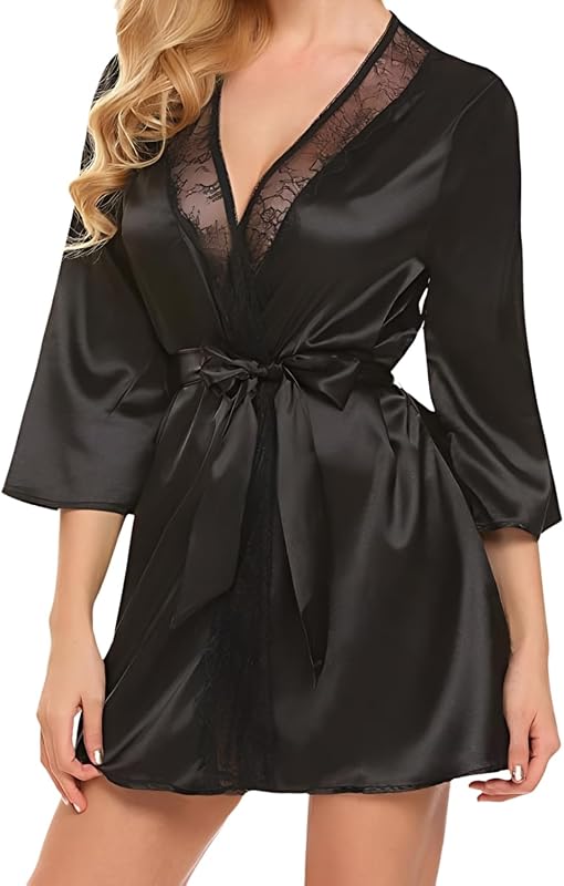Damen Halbarm Satin Pajama-Kleid, V-Ausschnitt und Spitzenbesatz Nachthemd, Bequemes Eisseiden Pyjama-Nachthemd Mini Kleid Weiche Schlafanzug-Bindesachen, Loungewear (Weiß, L)