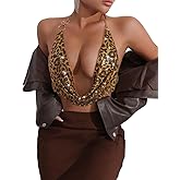 Womens Cheetah Print Sequin Body Chain Gold Backless Sexy Crop Top Tie Back Corset Halter Metallic Y2K Vest Shirt Rave Outfit