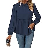 Samefar Womens Fall Shirts Long Sleeve Babydoll Tops Peplum Smocked Pleated Casual Loose Fit Flowy Blouse