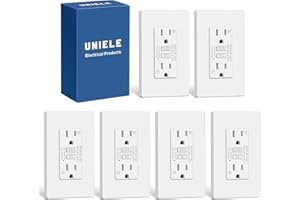 UNIELE 6 Pack Super Slim 15 Amp WR GFCI Outlet, Weather-Resistant, Outdoor 15A GFI Receptacle with LED Indicator, Ground Fault Circuit Interrupter, Screwless Wallplate Included, ETL Listed, White
