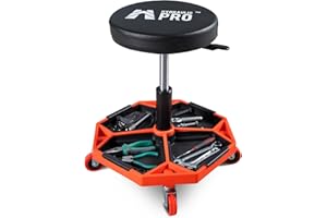 HYDRAULIC PRO Adjustable Height Rolling Mechanic Stool, 300 LBS Garage Chair on Wheels, Rolling Workshop Stool with Cushioned Seat and Tool Trays, Ideal for Garage, Workshop, and Auto Repair