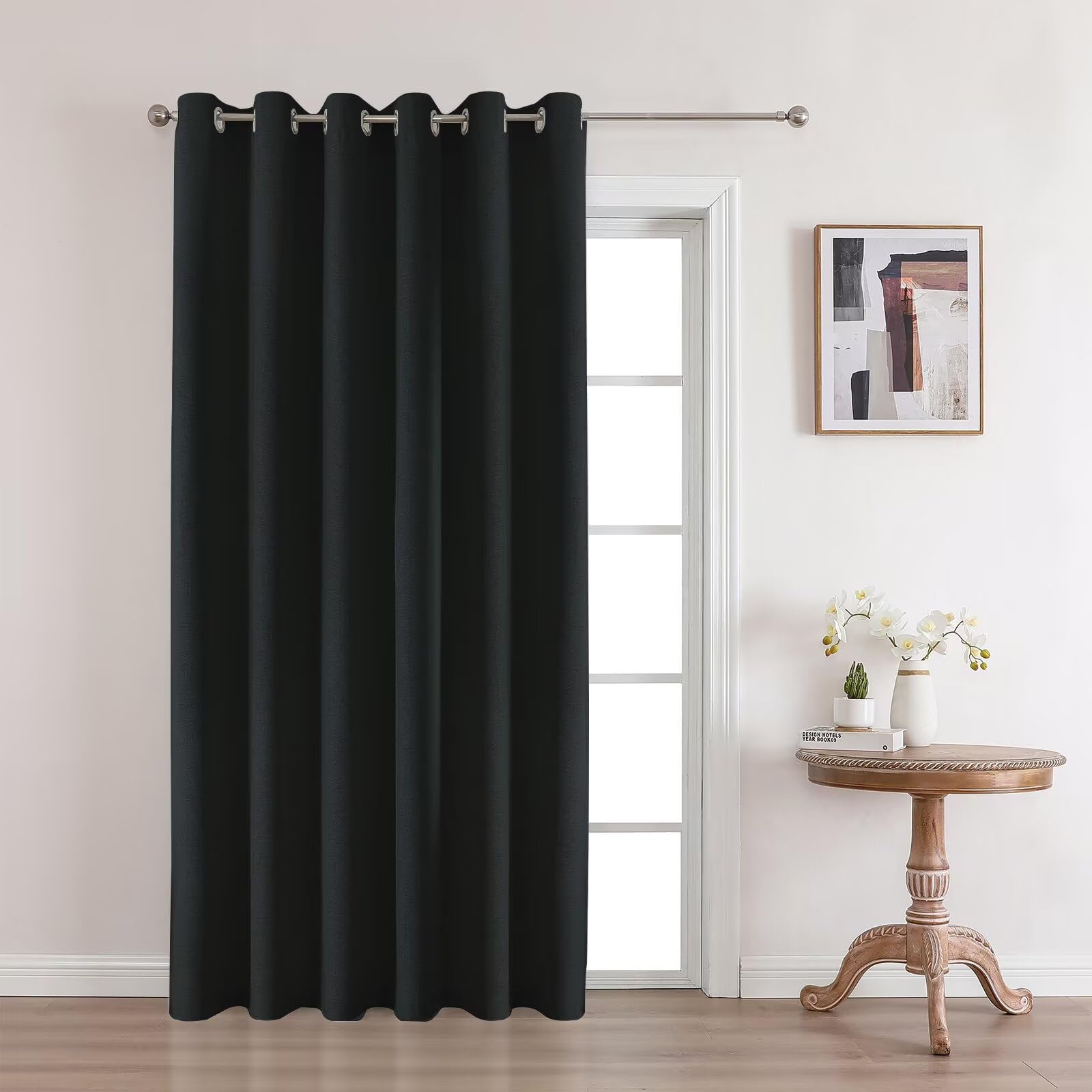 Joydeco Blackout Curtains 108 Inches Long, Extra Long Curtains 108 Inch Length 1 Panel for Bedroom, Thermal Insulated Linen Black Out Curtains with Grommets(100x108, Black) Image